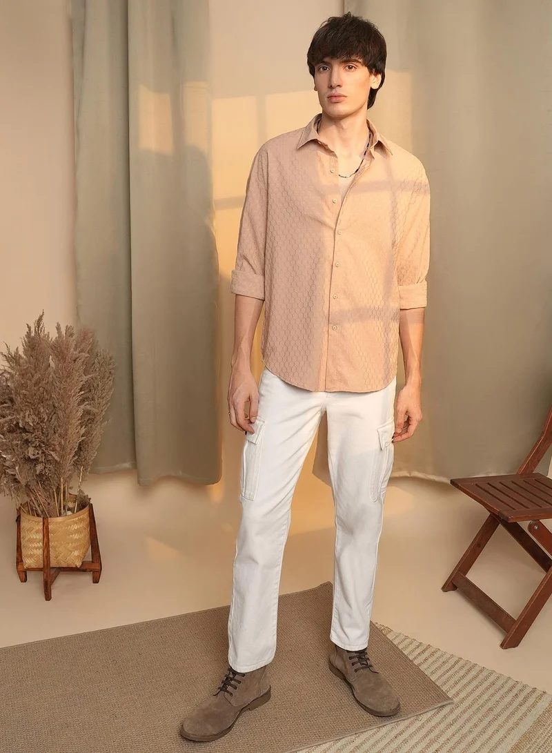 Campus Sutra Men's Saltbox Beige Honeycomb-Textured Oversized Shirt