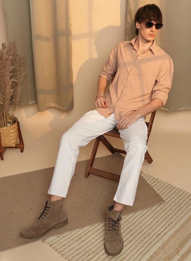 Campus Sutra Men's Saltbox Beige Honeycomb-Textured Oversized Shirt