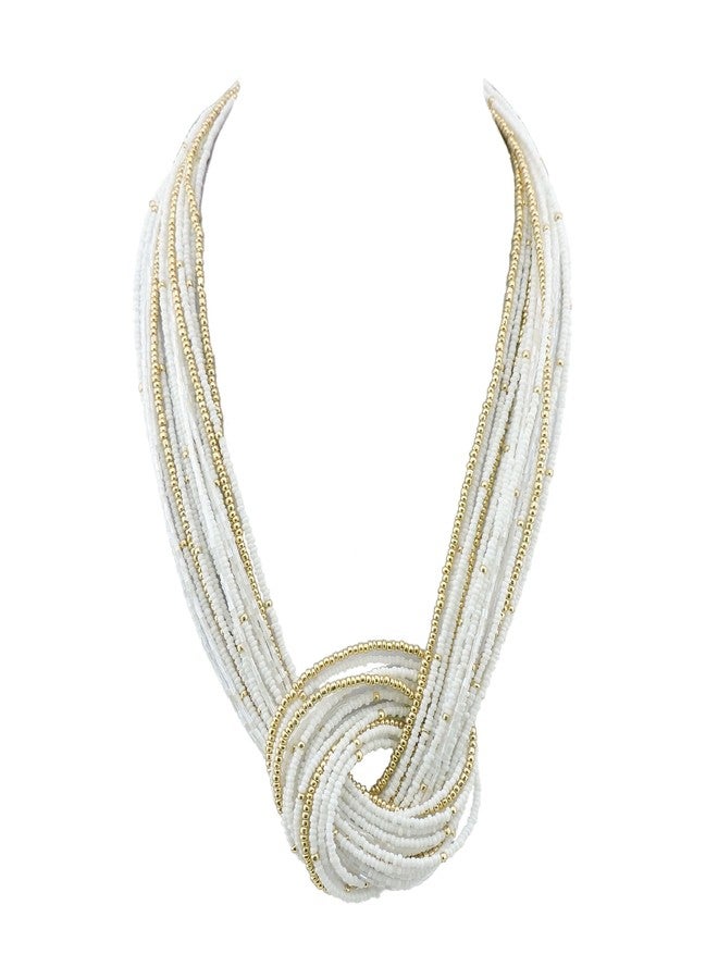 Bocar White Seed Beads Multilayer Chunky Bib Statement Knot Necklace (NK-10316) - Image 1