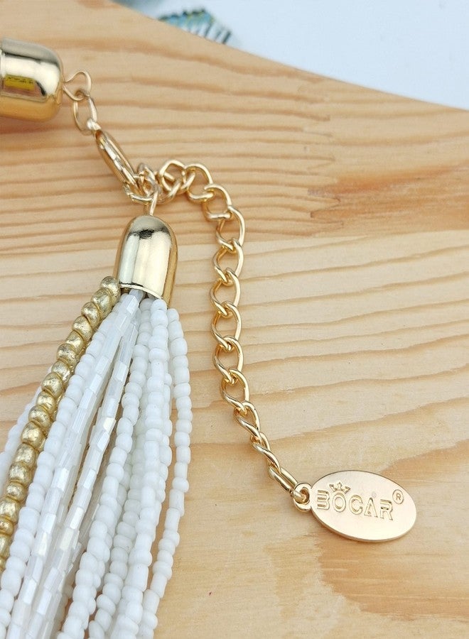 Bocar White Seed Beads Multilayer Chunky Bib Statement Knot Necklace (NK-10316) - Image 5