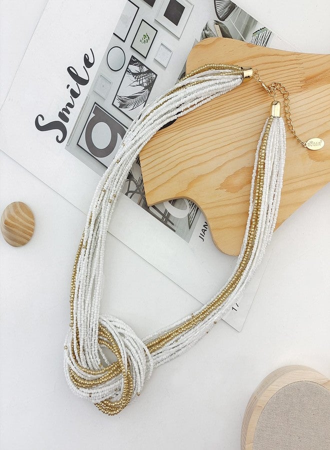 Bocar White Seed Beads Multilayer Chunky Bib Statement Knot Necklace (NK-10316) - Image 4