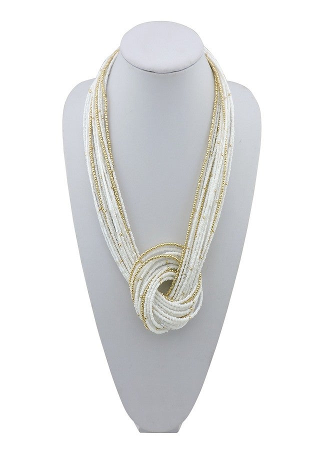 Bocar White Seed Beads Multilayer Chunky Bib Statement Knot Necklace (NK-10316) - Image 2