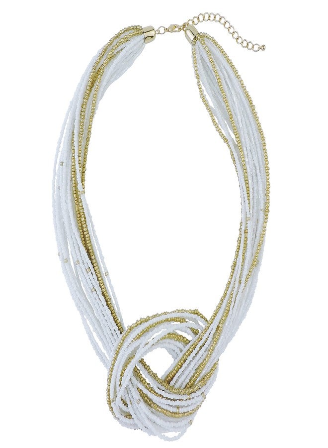 Bocar White Seed Beads Multilayer Chunky Bib Statement Knot Necklace (NK-10316) - Image 3