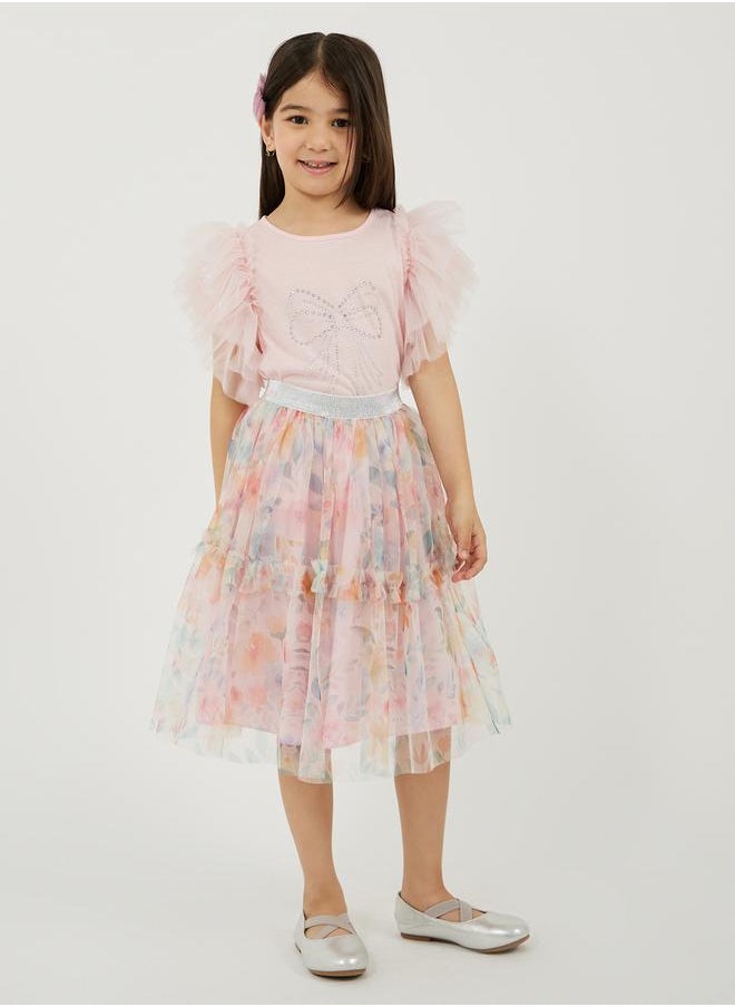 Styli Embellished Round Neck T-Shirt and Mesh Skirt Detail  - Image 1