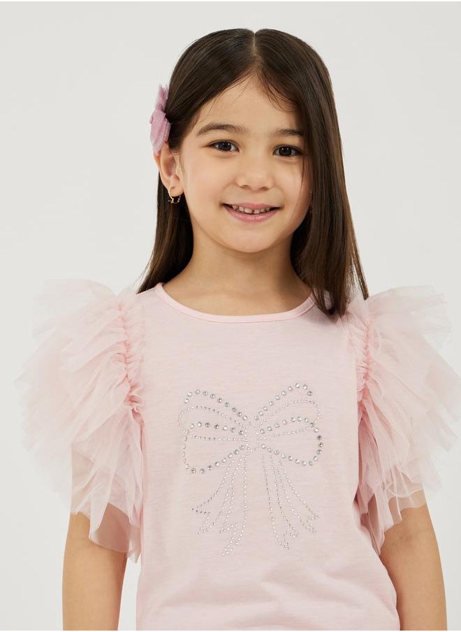 Styli Embellished Round Neck T-Shirt and Mesh Skirt Detail  - Image 3
