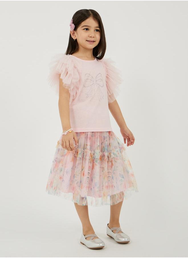 Styli Embellished Round Neck T-Shirt and Mesh Skirt Detail  - Image 2
