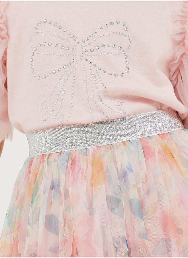Styli Embellished Round Neck T-Shirt and Mesh Skirt Detail  - Image 5