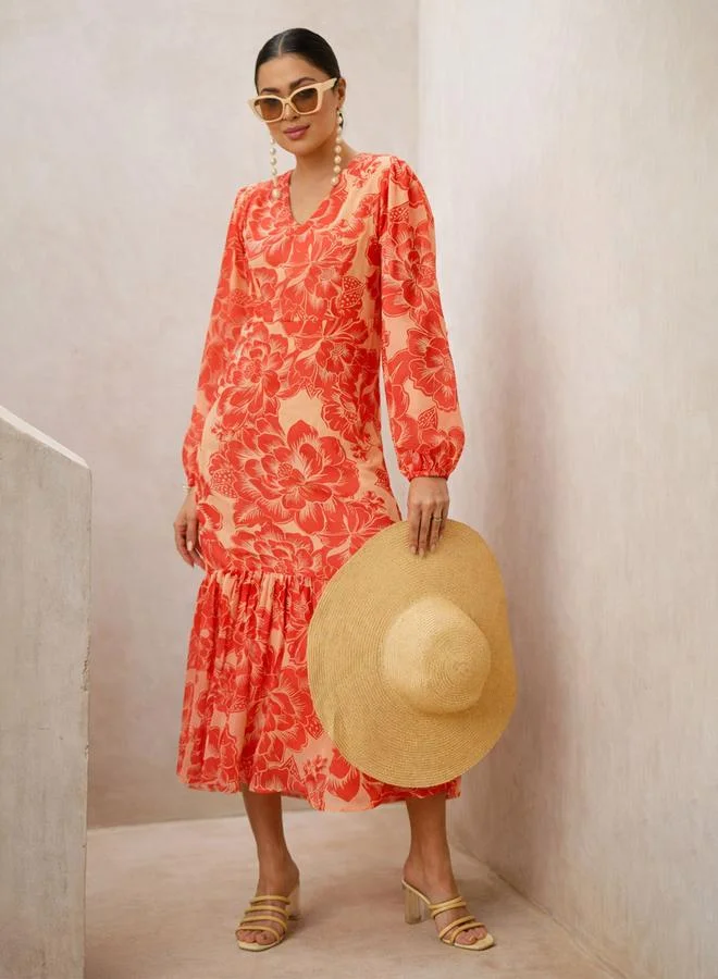 SASSAFRAS Orange Floral Print Balloon Sleeve Midi Dress