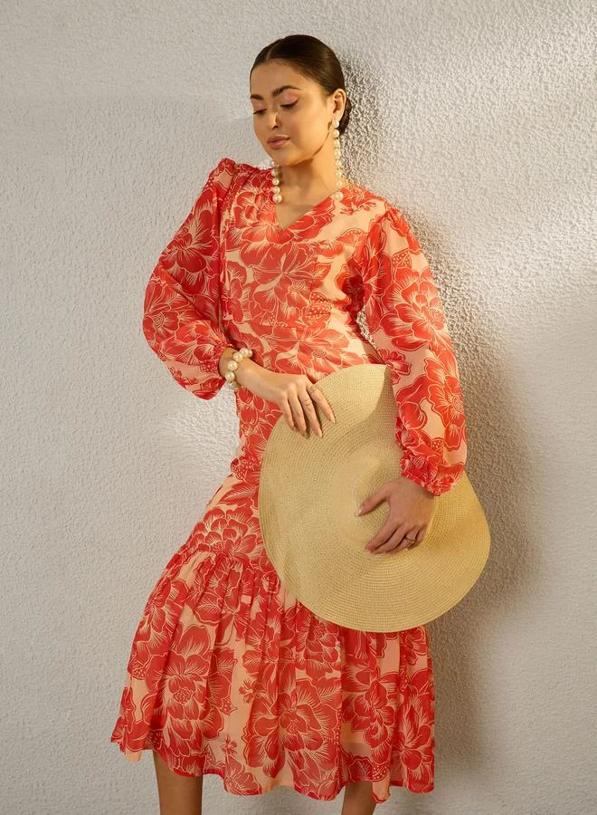 SASSAFRAS Orange Floral Print Balloon Sleeve Midi Dress