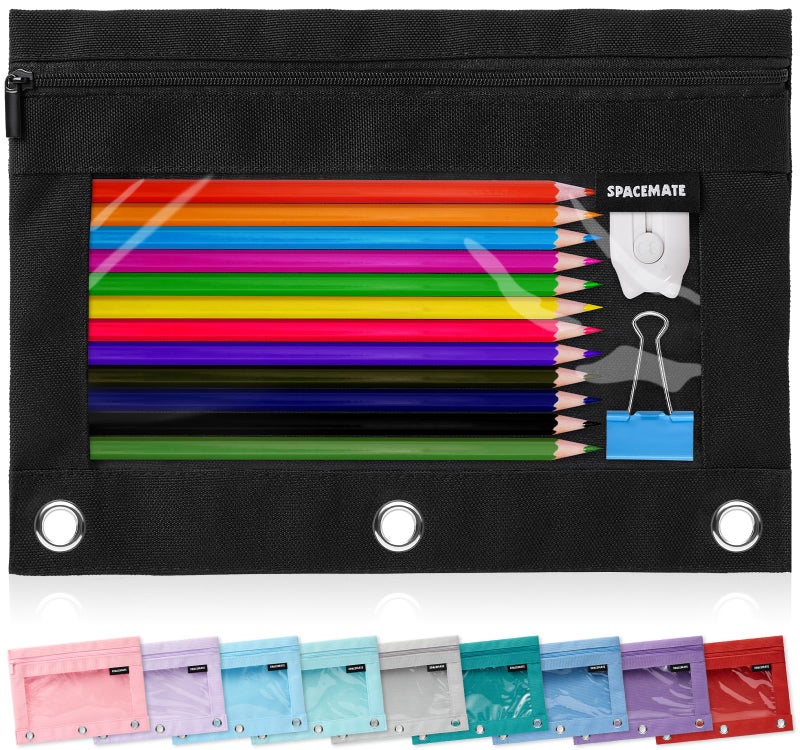 SPACEMATE Binder Pencil Pouch Case Box Bag for 3 Ring Binder School Supplies Girls Boys Kids, Clear Preppy Stuff Large Aesthetic Pen Organizer, Back to College Stationary, 1 Pack, Coal Black - Image 1