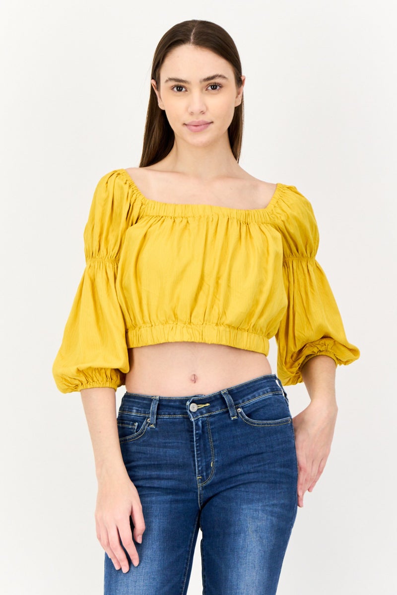 ONLY بلوزة نسائية بقصة مربعة وأكمام 3/4، سادة، صفراء - Image 1