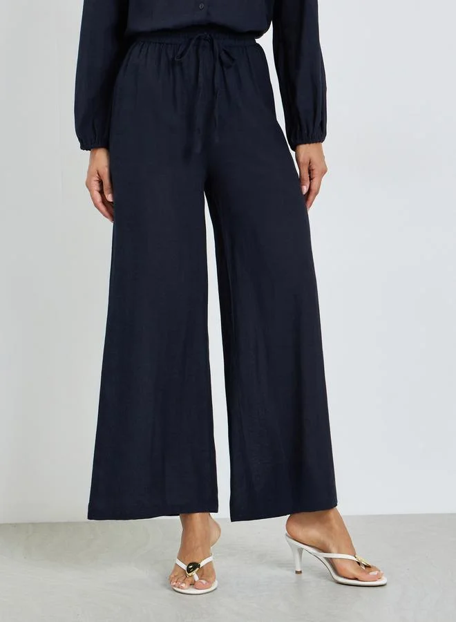 Styli Navy Blue Solid Wide Leg Pants