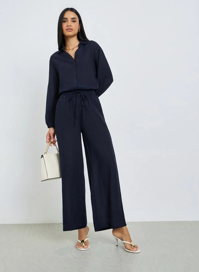 Styli Navy Blue Solid Wide Leg Pants