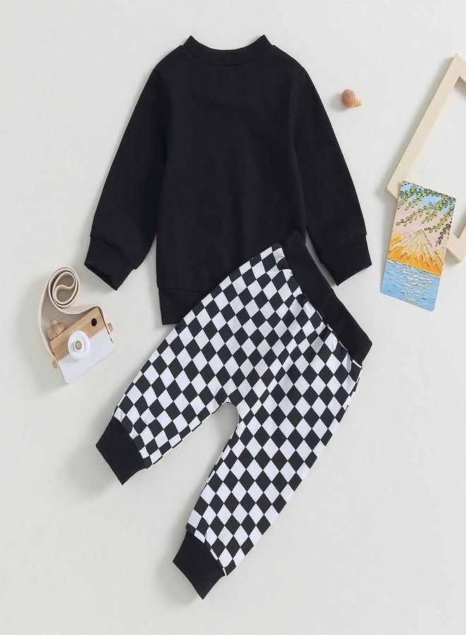 Karuedoo Baby Boy Fall Outfits Checkered Plaid Pullover Sweatshirt Top Pants Set Trendy Toddler Checkerboard Outfit (A-Black, 0-6 Months) - Image 3