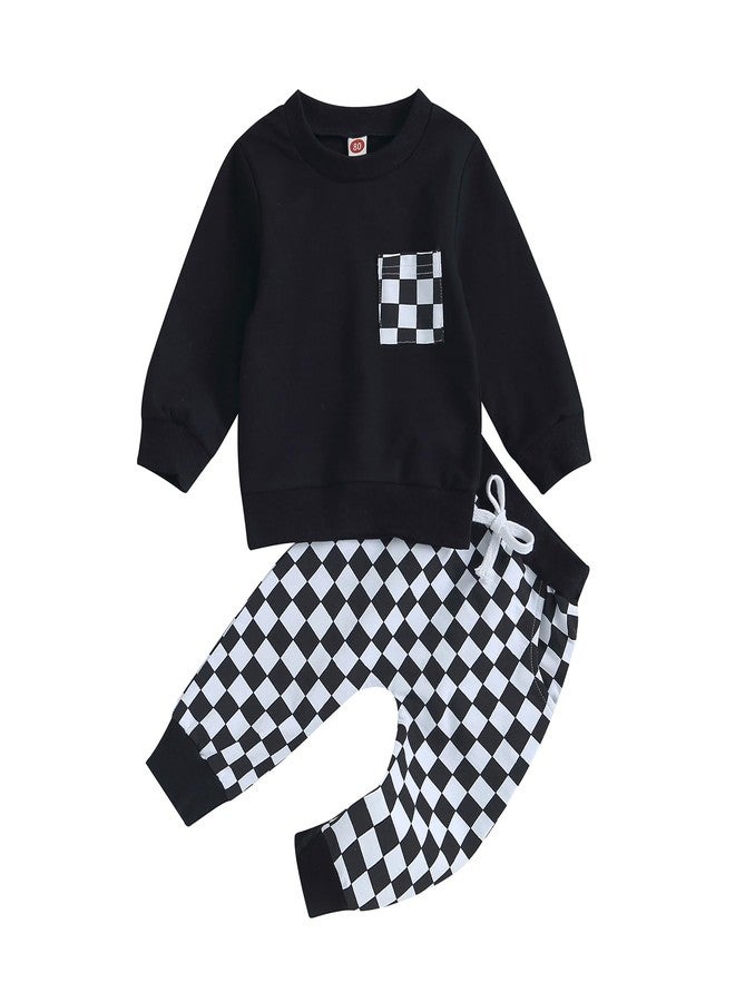 Karuedoo Baby Boy Fall Outfits Checkered Plaid Pullover Sweatshirt Top Pants Set Trendy Toddler Checkerboard Outfit (A-Black, 0-6 Months) - Image 1