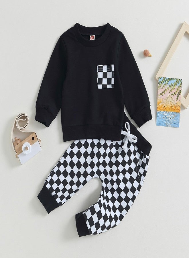 Karuedoo Baby Boy Fall Outfits Checkered Plaid Pullover Sweatshirt Top Pants Set Trendy Toddler Checkerboard Outfit (A-Black, 0-6 Months) - Image 2