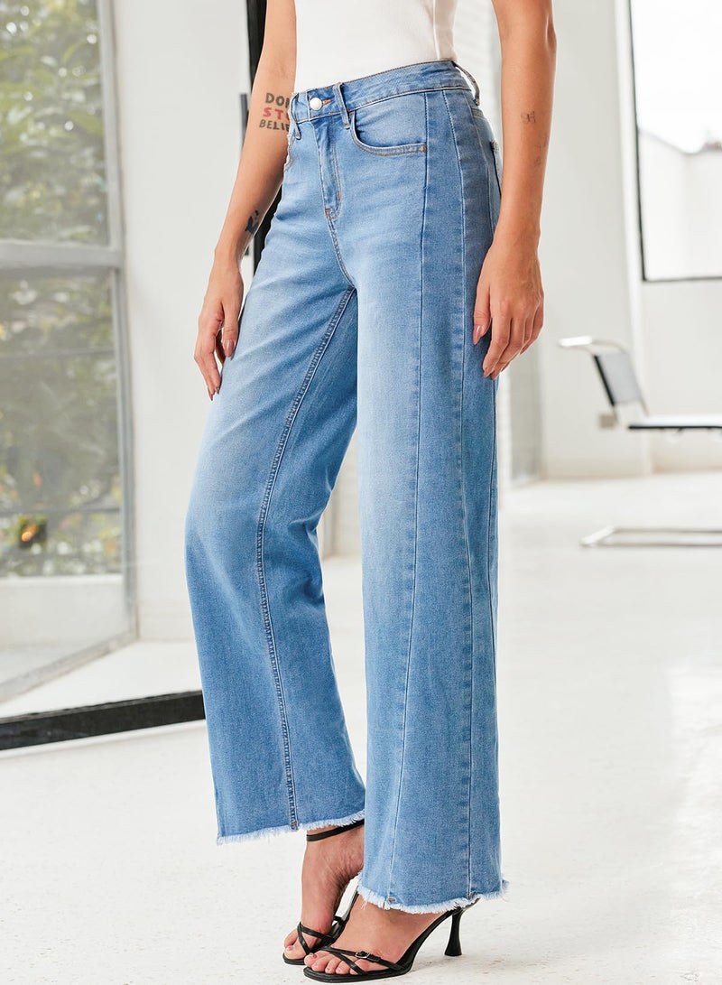 Sidefeel Women's Wide Leg Jeans High Waisted Stretchy Raw Hem Denim Pants Size 6 Light Blue - Image 5