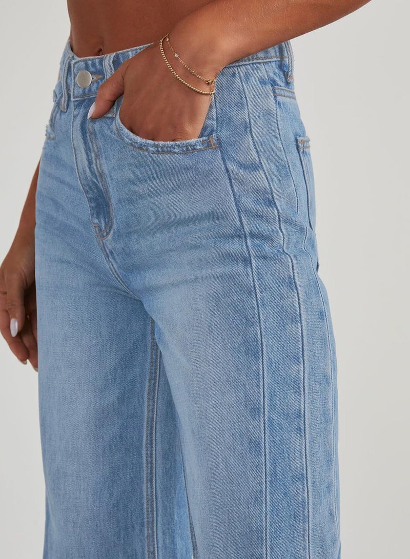 Sidefeel Women's Wide Leg Jeans High Waisted Stretchy Raw Hem Denim Pants Size 6 Light Blue - Image 2