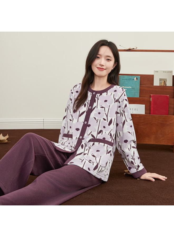 Dingguagua Women's Autumn Winter Fleece Open-front Pajama Set Homewear Floral Purple Contrast 165