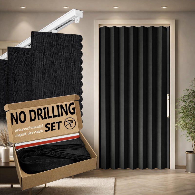 Jilron Accordian Door Curtain,Install Adhesive Track 100% Blackout Doorway Curtains,Suitable for Bedroom,Closet,Interior Room Divider,Black 43" WÃ—78" L,1 Piece - Image 1