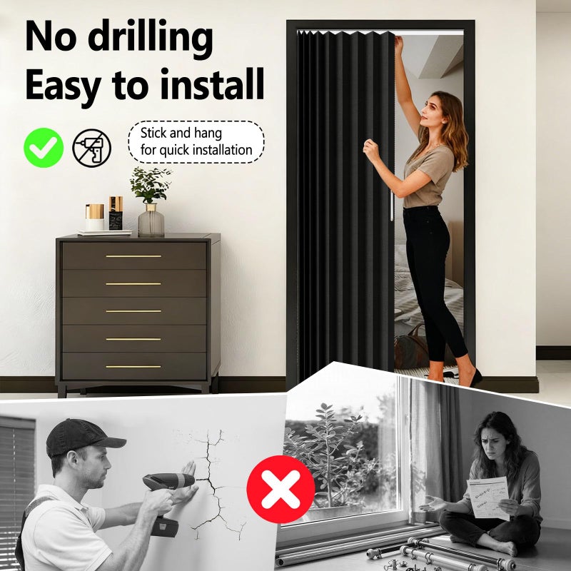 Jilron Accordian Door Curtain,Install Adhesive Track 100% Blackout Doorway Curtains,Suitable for Bedroom,Closet,Interior Room Divider,Black 43" WÃ—78" L,1 Piece - Image 4
