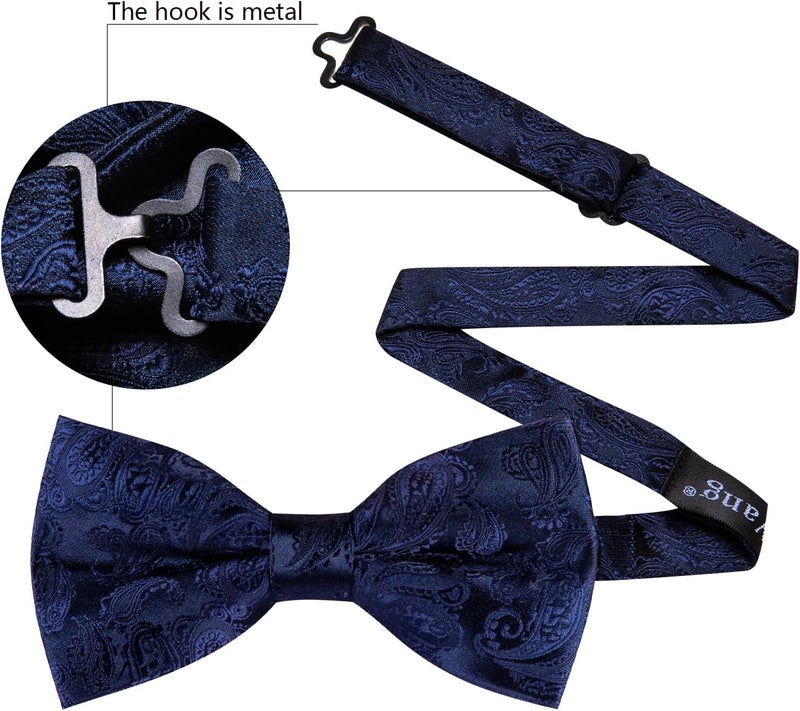Barry.Wang Store Paisley Striped Bow Tie for Men Silk Pre-Tied Bowtie Pocket Square Cufflinks Set Formal Wedding Party Prom - Image 5