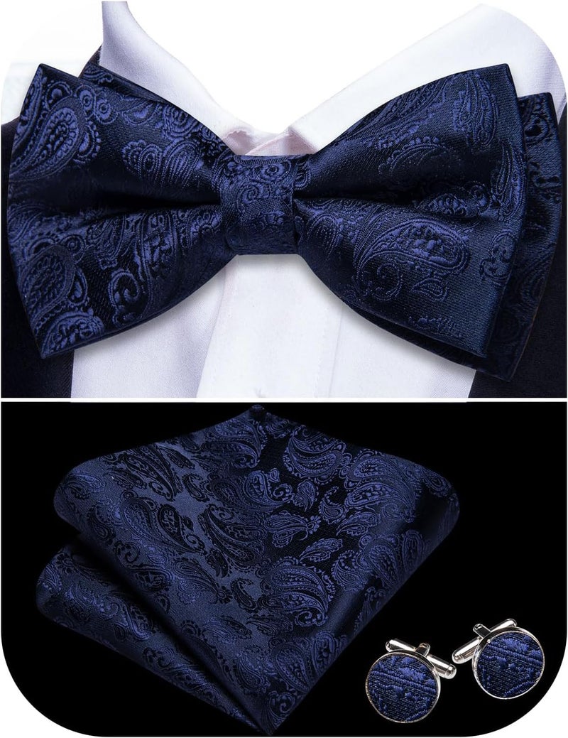 Barry.Wang Store Paisley Striped Bow Tie for Men Silk Pre-Tied Bowtie Pocket Square Cufflinks Set Formal Wedding Party Prom - Image 1