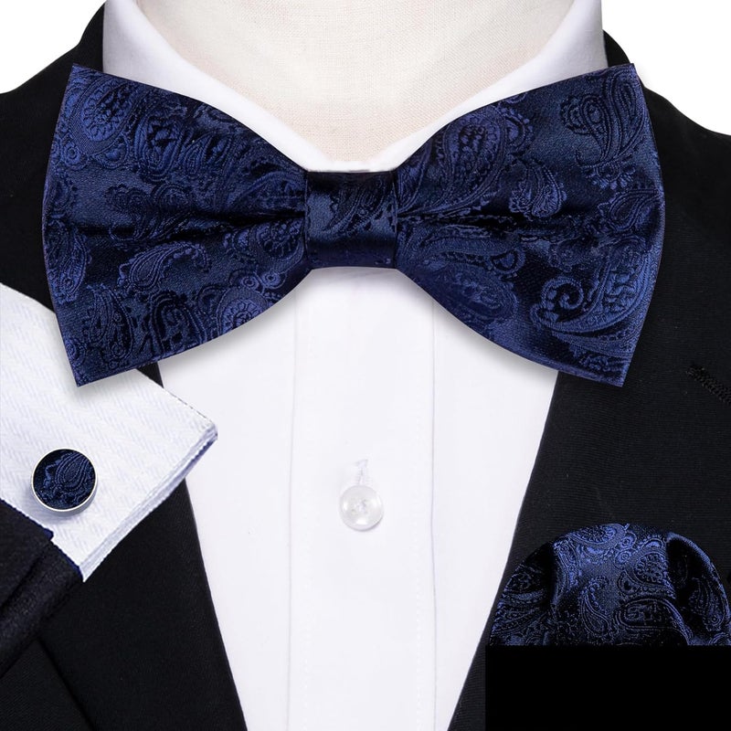 Barry.Wang Store Paisley Striped Bow Tie for Men Silk Pre-Tied Bowtie Pocket Square Cufflinks Set Formal Wedding Party Prom - Image 3