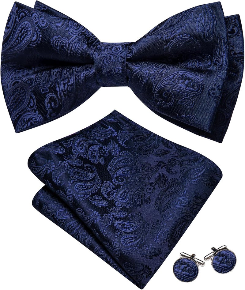 Barry.Wang Store Paisley Striped Bow Tie for Men Silk Pre-Tied Bowtie Pocket Square Cufflinks Set Formal Wedding Party Prom - Image 2