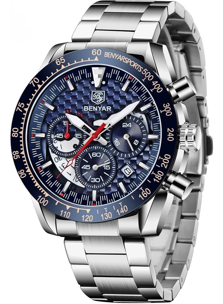 Mens Watches Sports Stylish Analog Quartz Chronograph Watch Date Waterproof 3ATM Stainless Steel Strap Wrist Watches for Men