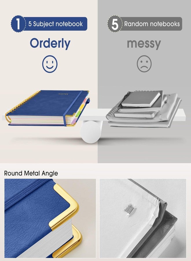 dilitego Hardcover Spiral Notebook 8.5"x11" Journal with Removable Dividers Tabs, 300 Pages Leather 5 Subject Notebook College Ruled, Large A4 Notebooks for Work School, Lined Journal for Women, A4 Navy - Image 5