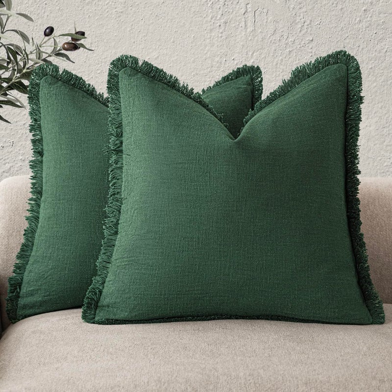 Foindtower Set of 2 Decorative Linen Fringe Throw Pillow Covers Cozy Boho Farmhouse Cushion Cover with Tassels Soft Accent Pillowcase for Couch Sofa Bed Living Room Home Decor 1616 Inch Pine Green