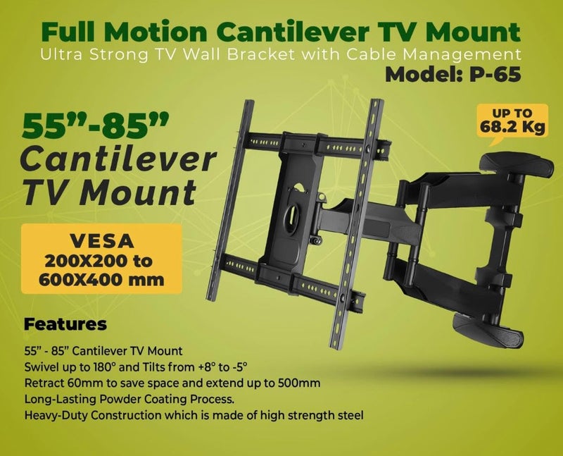 Audiovan Full Motion Cantilever Swivel Tilt Wall Mount Inches for Led LCD & Plasma Tv Movable Corner Bracket (P-65 WALL Mount 55-85) - Image 4