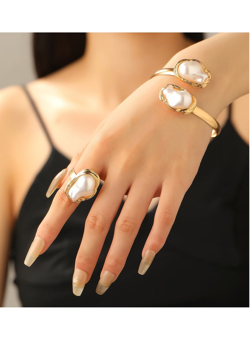 قابل للتعديل الباروك غير النظامية اللؤلؤ سوار خاتم مجموعة (الذهبي) - Image 1