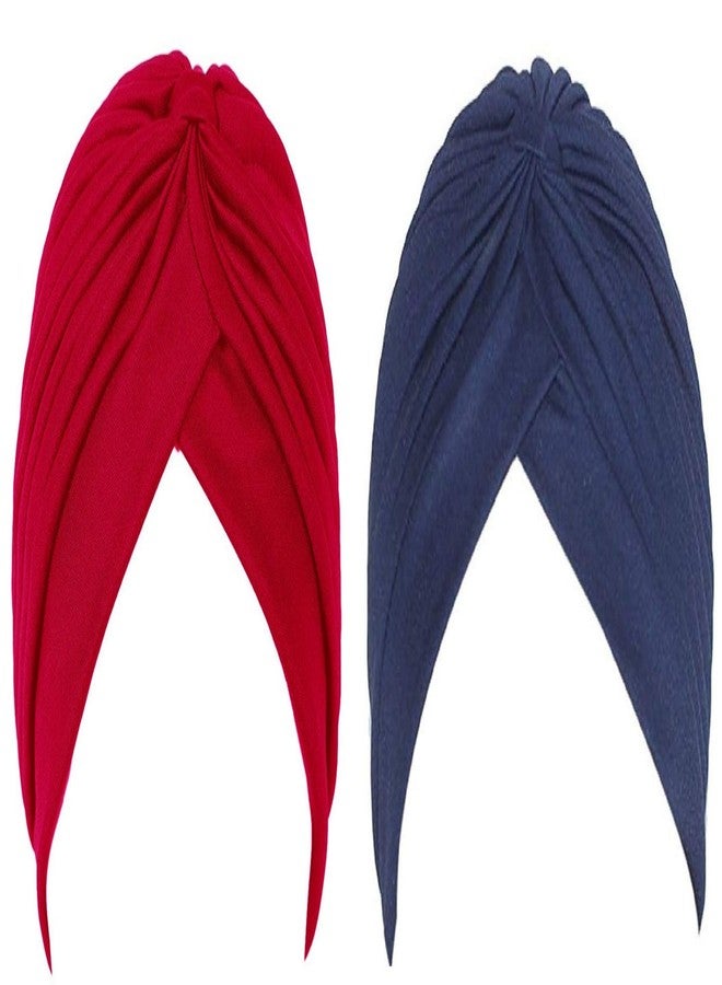 BISMAADH 2 Pcs Men & Women Pleated Head Wrap Knit Bonnet Turban/Pleated Stretchable Polyester Pagri Head Cover/Sun Cap (Red & Blue) - Image 1