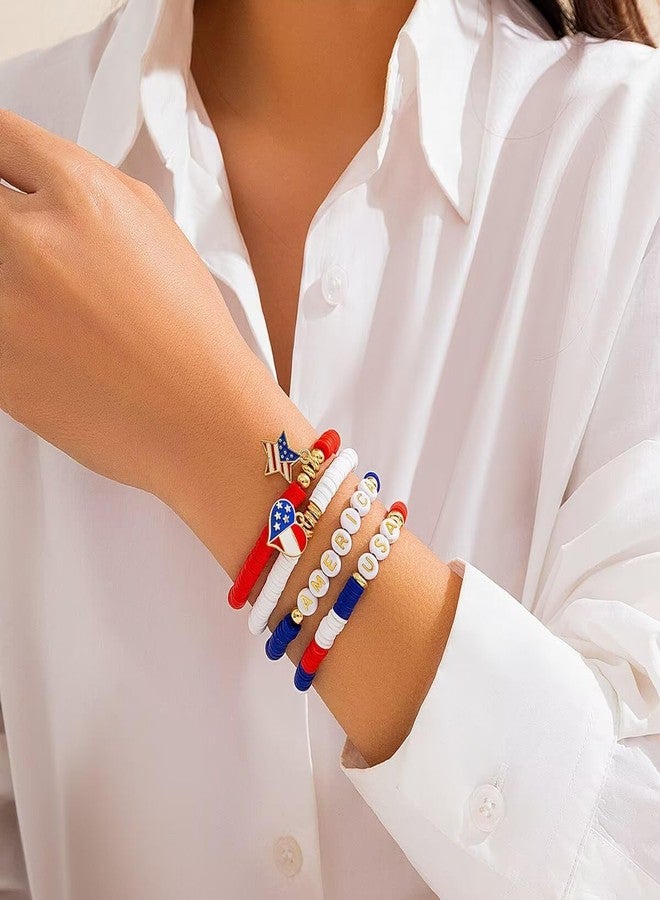 Blue Drop 4th of July Star Heart Star Charm Bracelet For Women Men Red White Blue Beaded Stretch Bracelet Patriotic Bracelets Independence Day Jewelry Gifts - D - Image 5