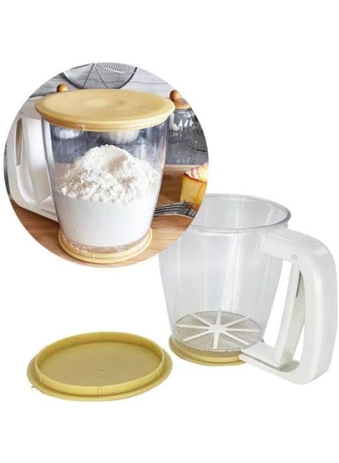 Mechanical fine sieve with lid, transparent plastic measuring cup with handle, 17×13 cm, yellow and white - Image 1
