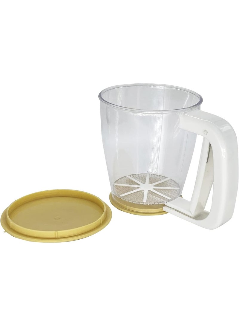 Mechanical fine sieve with lid, transparent plastic measuring cup with handle, 17×13 cm, yellow and white - Image 5