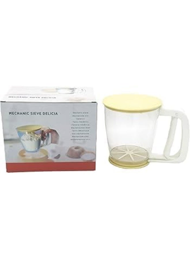 Mechanical fine sieve with lid, transparent plastic measuring cup with handle, 17×13 cm, yellow and white - Image 2