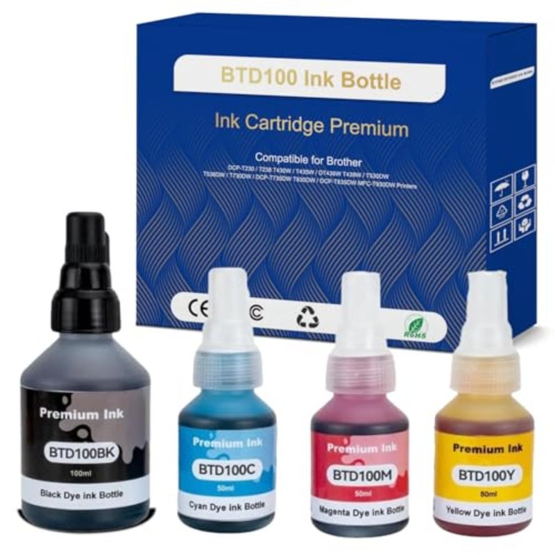 BTD100 Ink Bottles for Brother BTD100 Compatible with Brother T Series DCP-T230/T238/T430W/T435W/DT436W/T439W/T530DW/T536DW/T730DW/DCP-T735DW/T830DW 4-Pack, Plastic, Black/Cyan/Yellow/Magenta, High-Yield - Image 1