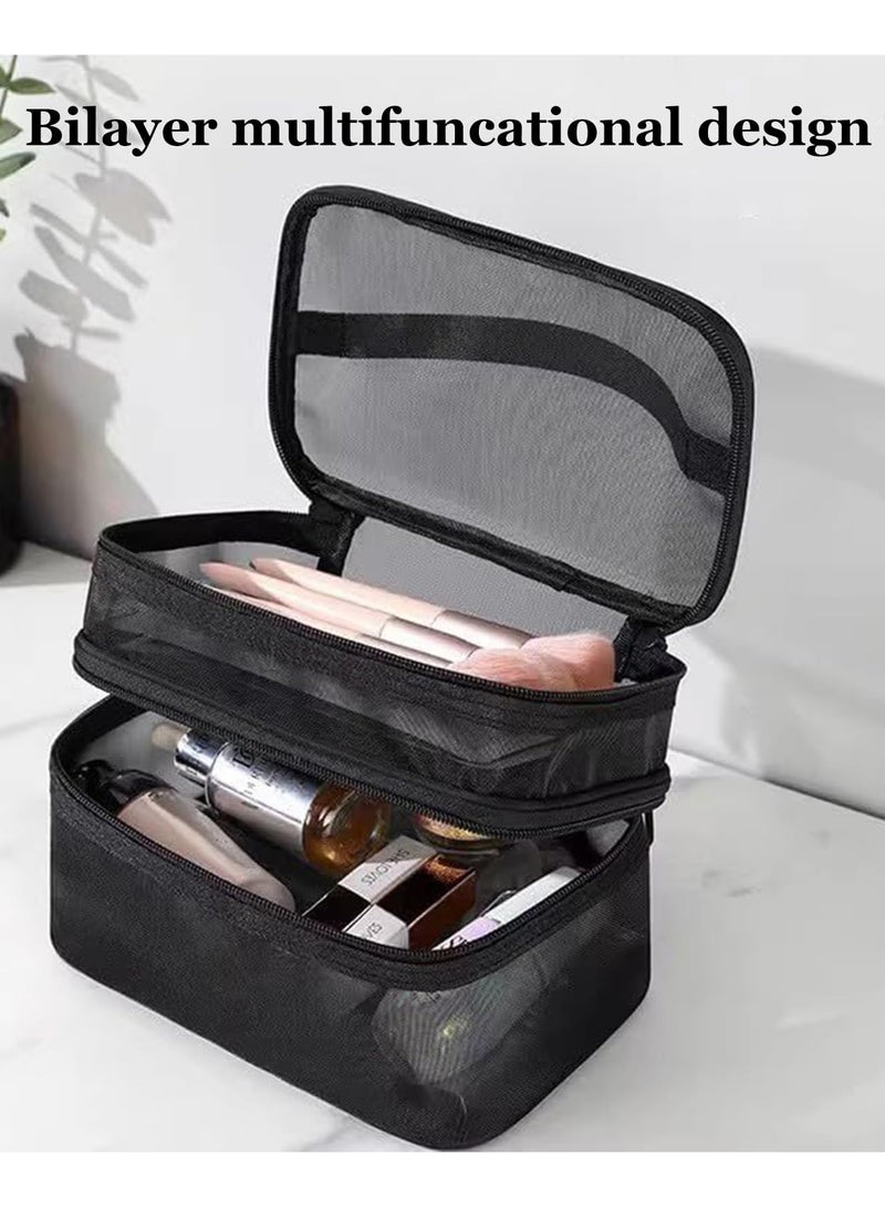 Loquat Double Layer Travel Makeup Bag , Mesh Cosmetic Bag , Large Toiletry Bag for Women Makeup Bag Organizer with Handle(Black) - Image 4