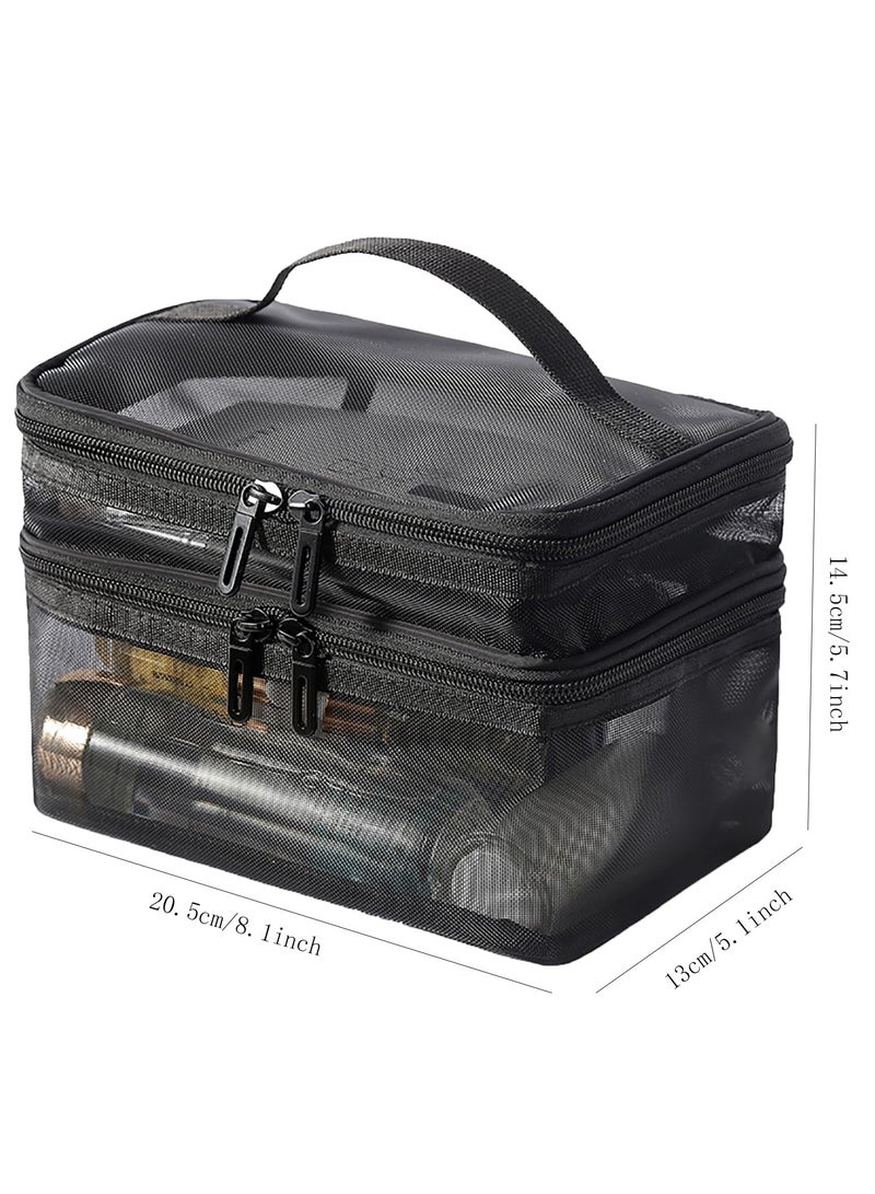 Loquat Double Layer Travel Makeup Bag , Mesh Cosmetic Bag , Large Toiletry Bag for Women Makeup Bag Organizer with Handle(Black) - Image 2