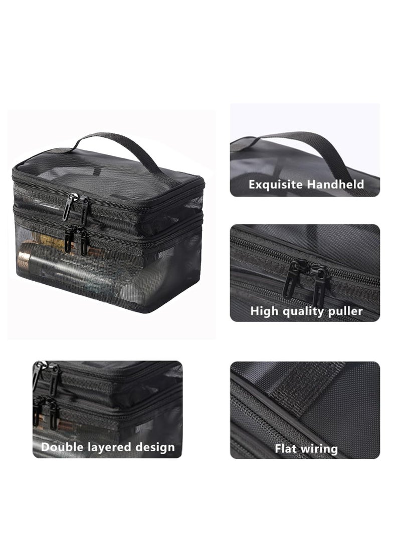 Loquat Double Layer Travel Makeup Bag , Mesh Cosmetic Bag , Large Toiletry Bag for Women Makeup Bag Organizer with Handle(Black) - Image 3