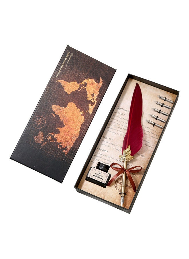 NIBEMINENT 7-Piece Quill Pen And Ink Set Red/Gold/Black
