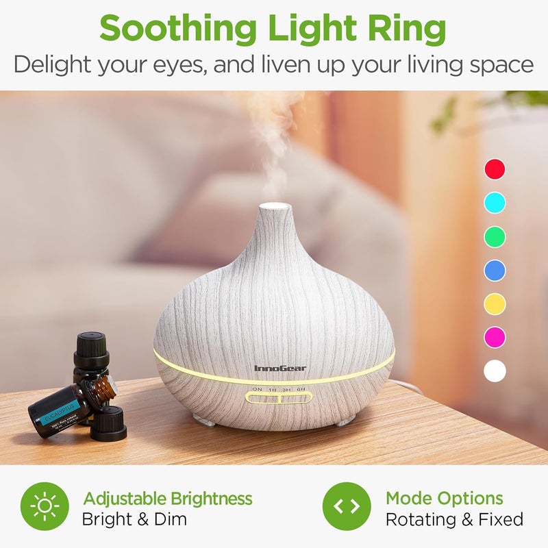 InnoGear Aromatherapy Diffuser & 10 Essential Oils Set, 400ml Diffuser Ultrasonic Diffuser Cool Mist Humidifier with 4 Timers 7 Colors Light Waterless Auto Off for Large Room Office, White Grey - Image 3