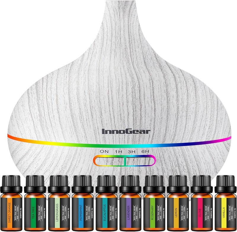InnoGear Aromatherapy Diffuser & 10 Essential Oils Set, 400ml Diffuser Ultrasonic Diffuser Cool Mist Humidifier with 4 Timers 7 Colors Light Waterless Auto Off for Large Room Office, White Grey - Image 1