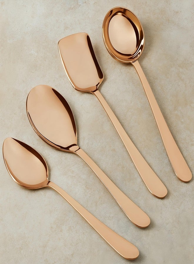 Vemlons Stainless Steel Serving Spoon Set of 4, 1 Ladle (Karchi), 1 Solid Spoon (Chamcha),1 Rice Serving Spoon, 1 Serving and Cooking Spatula (Palta) Serving Set (Rose Gold) - Image 1