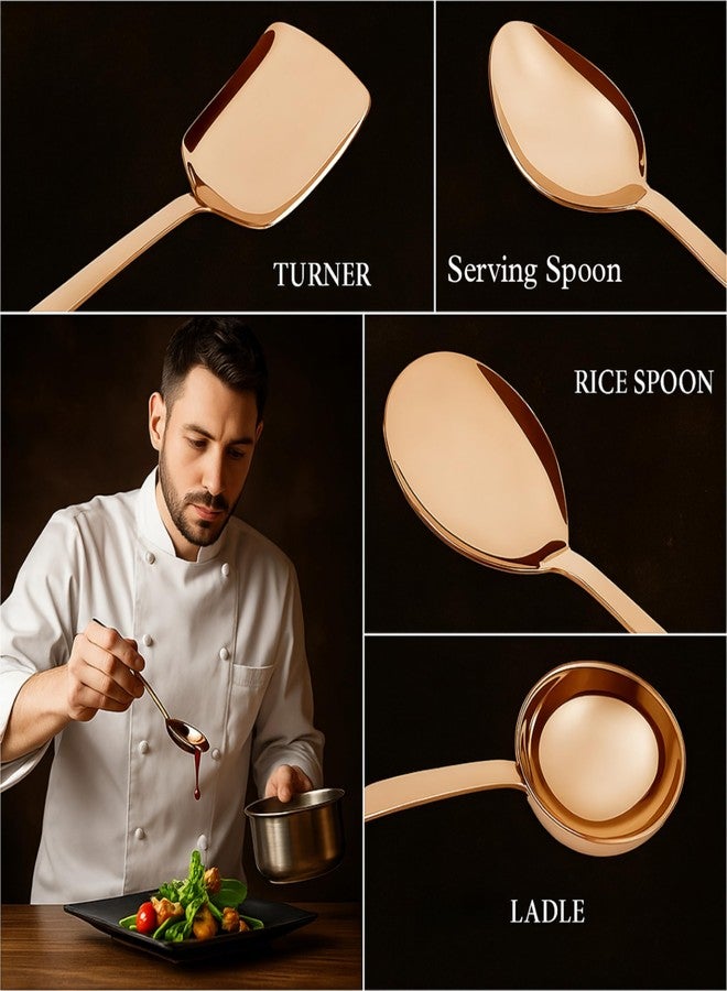 Vemlons Stainless Steel Serving Spoon Set of 4, 1 Ladle (Karchi), 1 Solid Spoon (Chamcha),1 Rice Serving Spoon, 1 Serving and Cooking Spatula (Palta) Serving Set (Rose Gold) - Image 2
