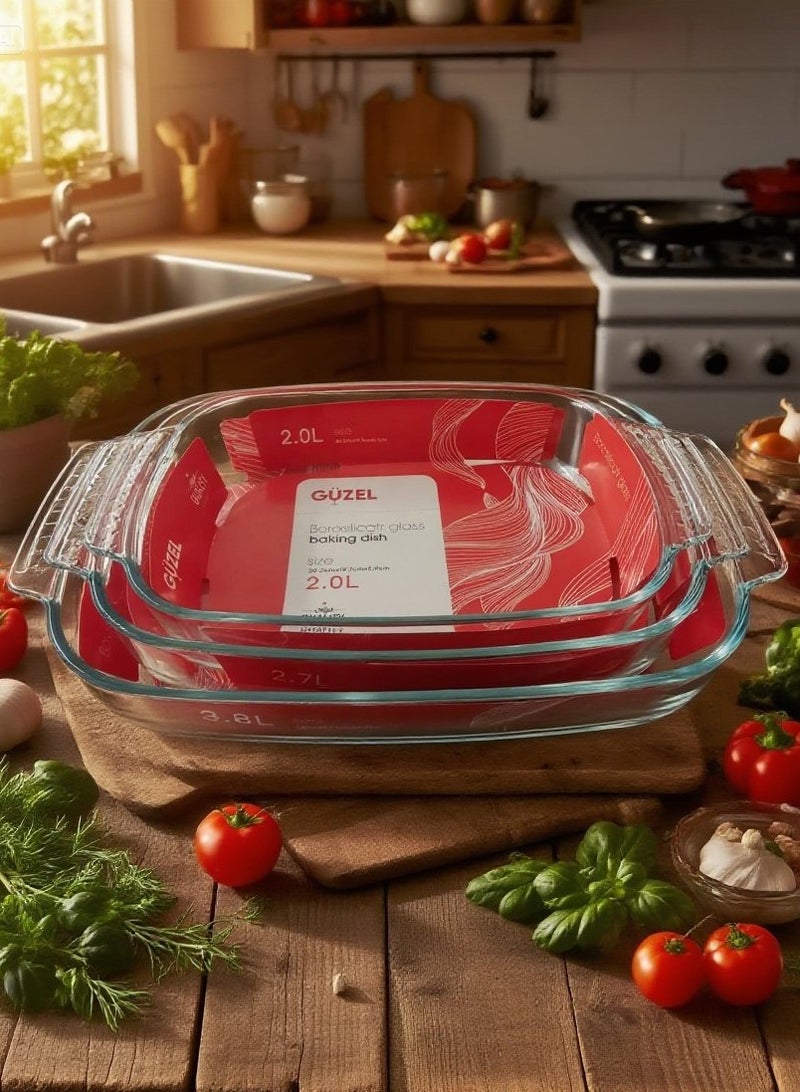 Guzel 3-Piece Rectangular Glass Oven Baking Dish Set w/handle, Sizes Small 2.0L, Medium 2.7L, Large 3.8L - Image 1