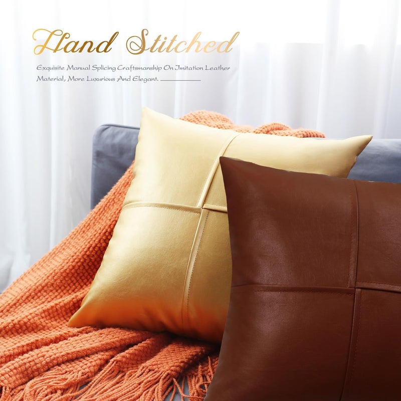 BRAWARM Faux Leather Throw Pillow Covers 20 X 20 Inches, Brown Leather Pillow Covers Pack of 2, Hand Stitched Leather Decorative Throw Pillows for Couch Sofa Bed Living Room Home Garden - Image 5